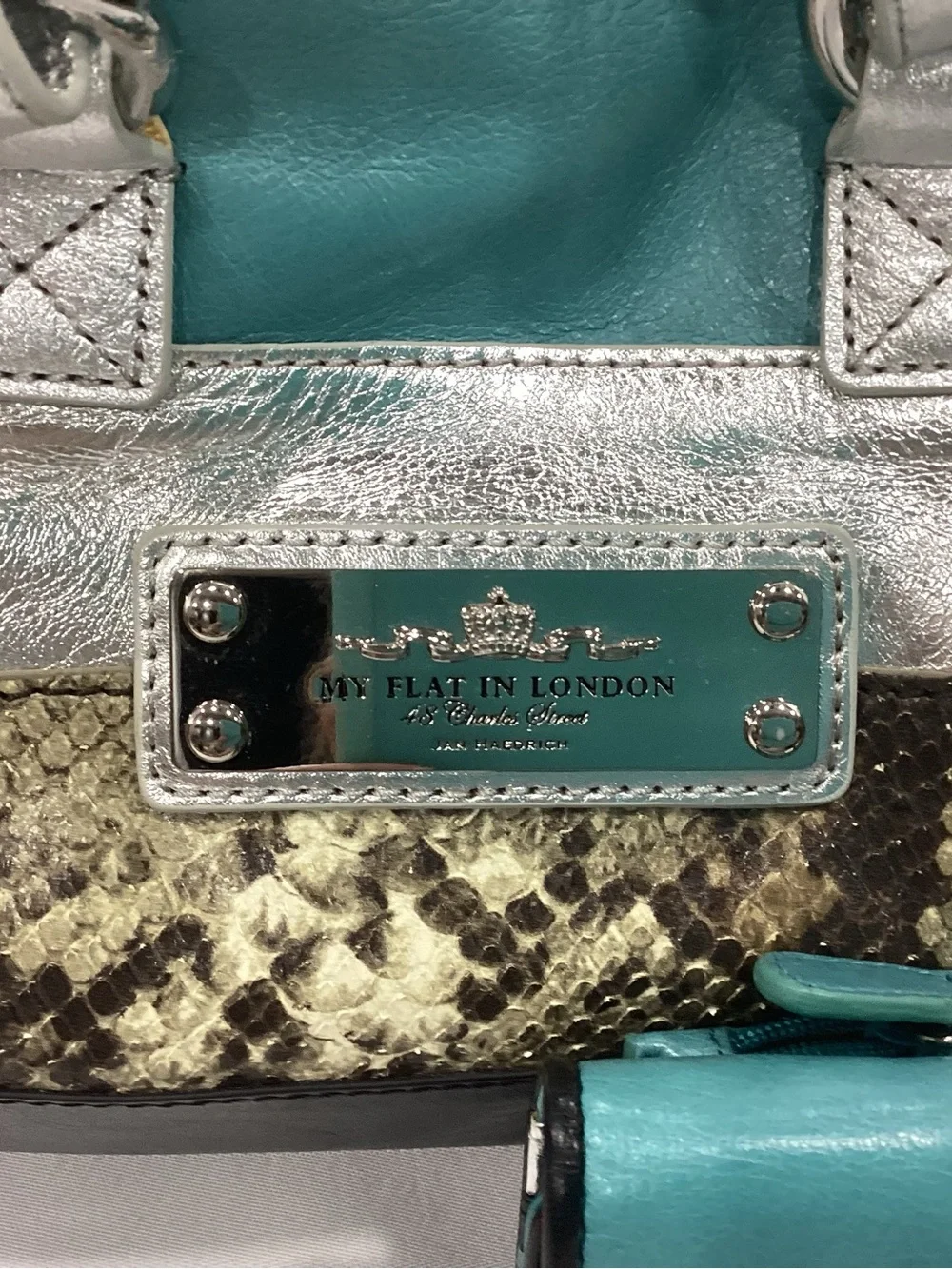 Teal and Silver Leather Satchel and Wallet Set